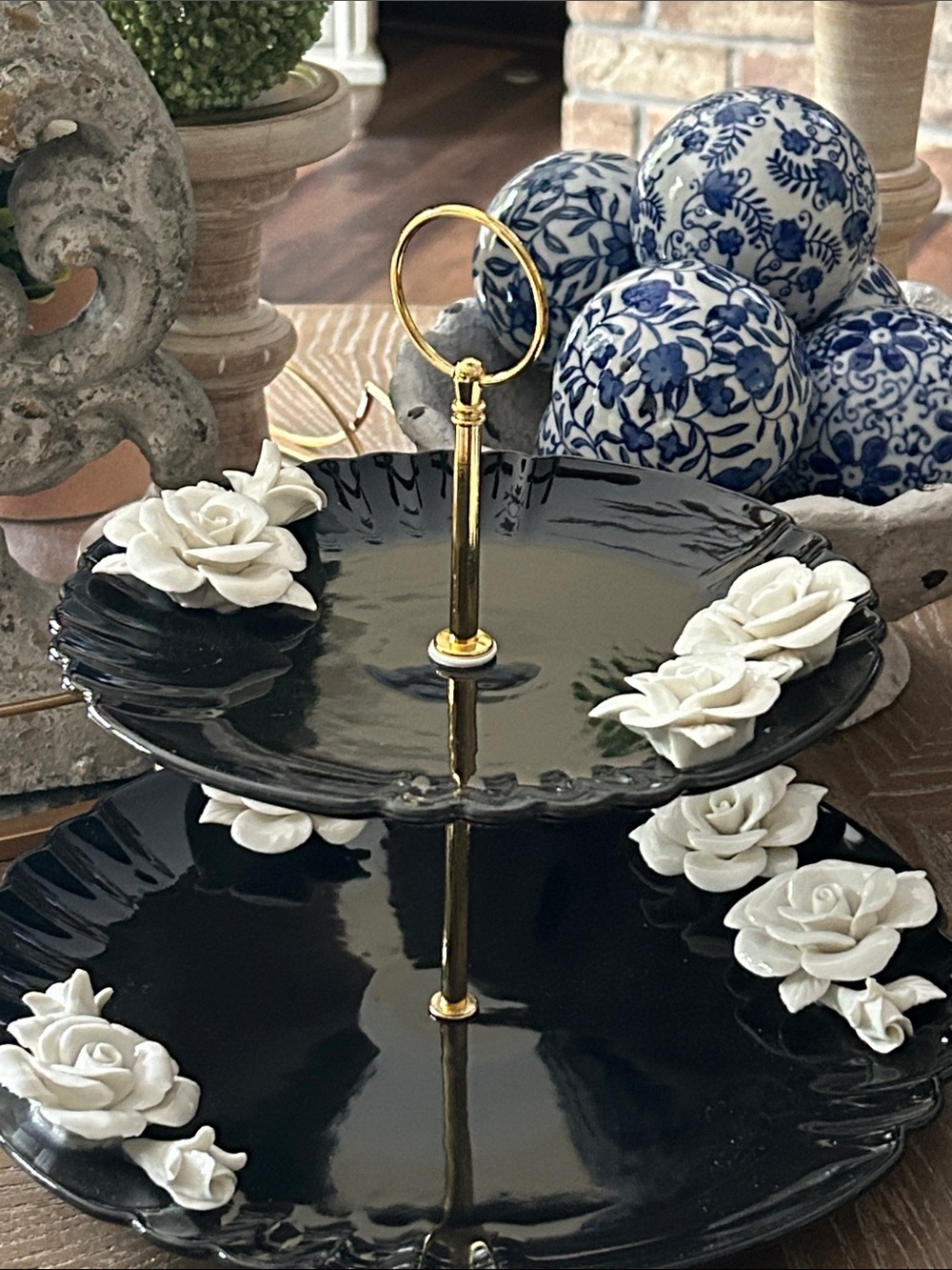 NEW! Vintage Inspired Victorian Two -Tier Black Porcelain Serving Stand Platter